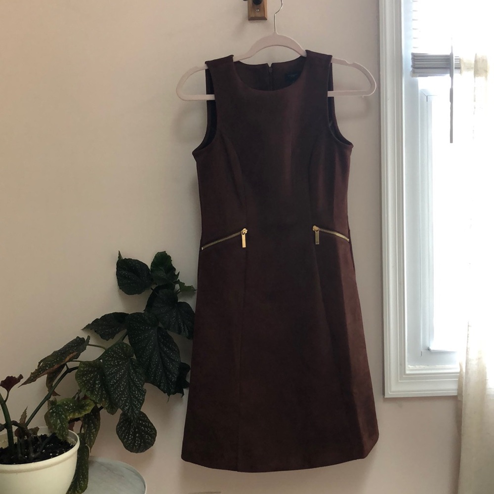 Brown faux suede zip pocket flare dress